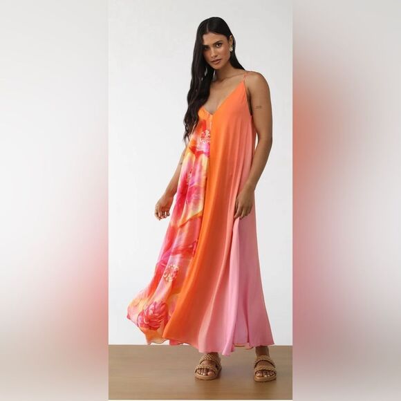 Farm Rio 100% viscose Elegant Floral Maxi Dress in Orange and Pink, L - Picture 1 of 13